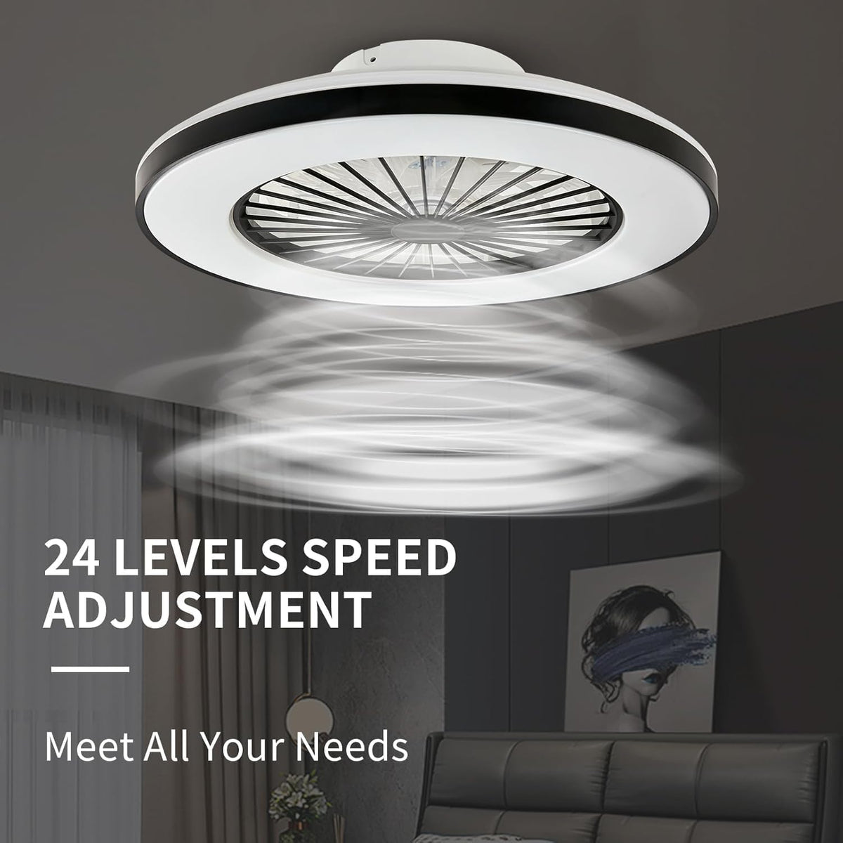 Moderne LED-plafondlamp met ventilator, RGB-plafondventilatorverlichting, 6 ventilatiesnelheden, oneindig dimbare verlichting voor woonkamer, slaapkamer, kantoor, 3000-5500 K, (Zwarte lijst 50CM)