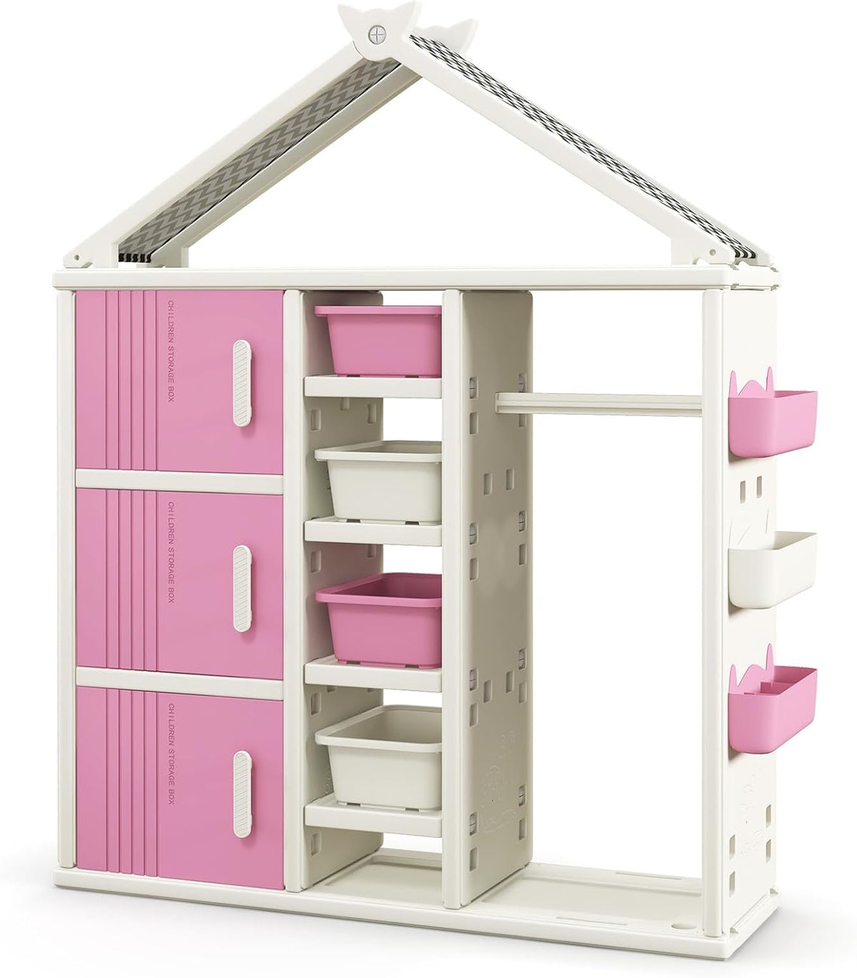 FANTASK Kinderrek in huisvorm, kindergarderobe met planken, zijmanden en 4 opbergdozen, kinderkledingkast voor kinderkamer (roze)