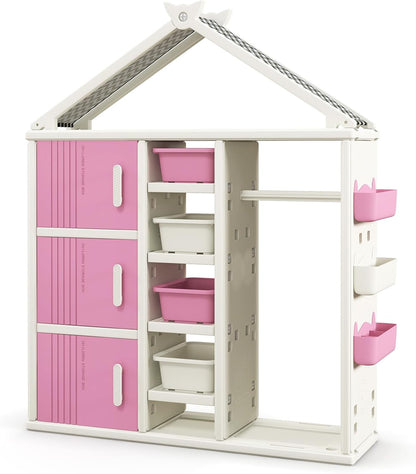 FANTASK Kinderrek in huisvorm, kindergarderobe met planken, zijmanden en 4 opbergdozen, kinderkledingkast voor kinderkamer (roze)