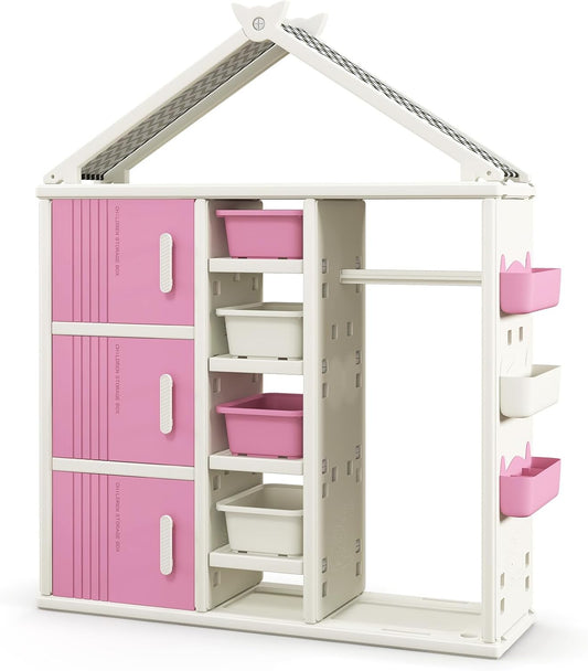 FANTASK Kinderrek in huisvorm, kindergarderobe met planken, zijmanden en 4 opbergdozen, kinderkledingkast voor kinderkamer (roze)
