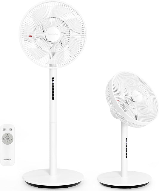LeaderPro 12,8 dB Stille Staande Ventilator, 1980 m³/h Luchtvolume, 120° Oscillatie, 90° Handmatige Verticaal, 8 Snelheden, DC Motor, Afstandsbediening, LED Display, 8U Timer, Hoogte Verstelbaar, Wit