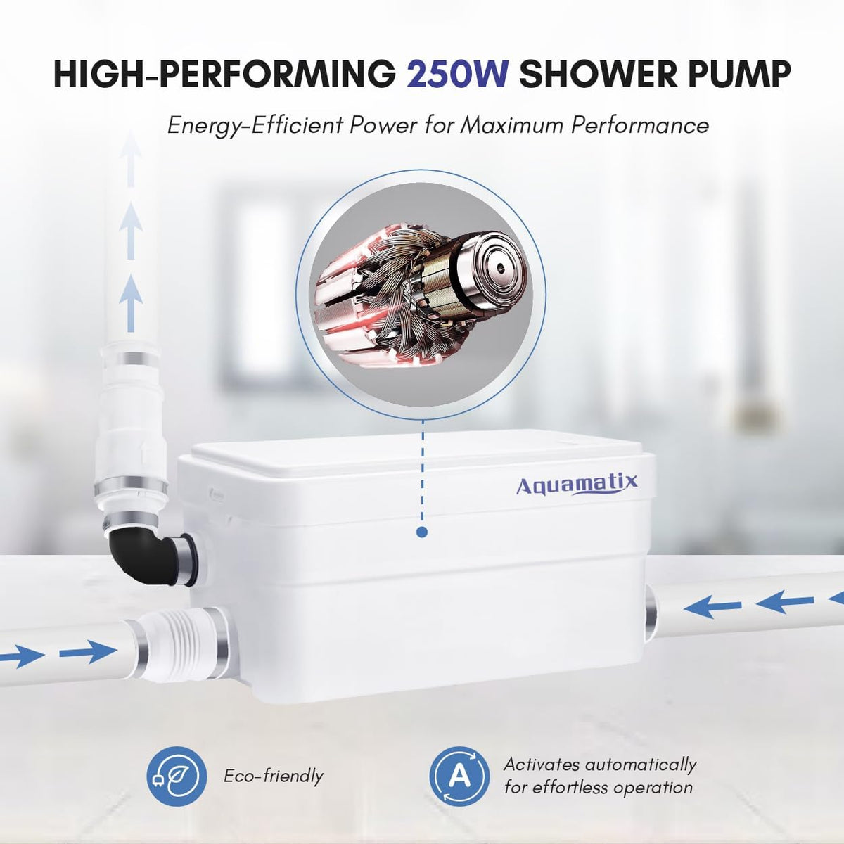 Douchepomp – Afvoerpomp – Broyeur – Waterpomp – Badkamerpomp – Compacte Stille Motor 250W – 135L/min Debiet, 10m Verticale Pompafstand
