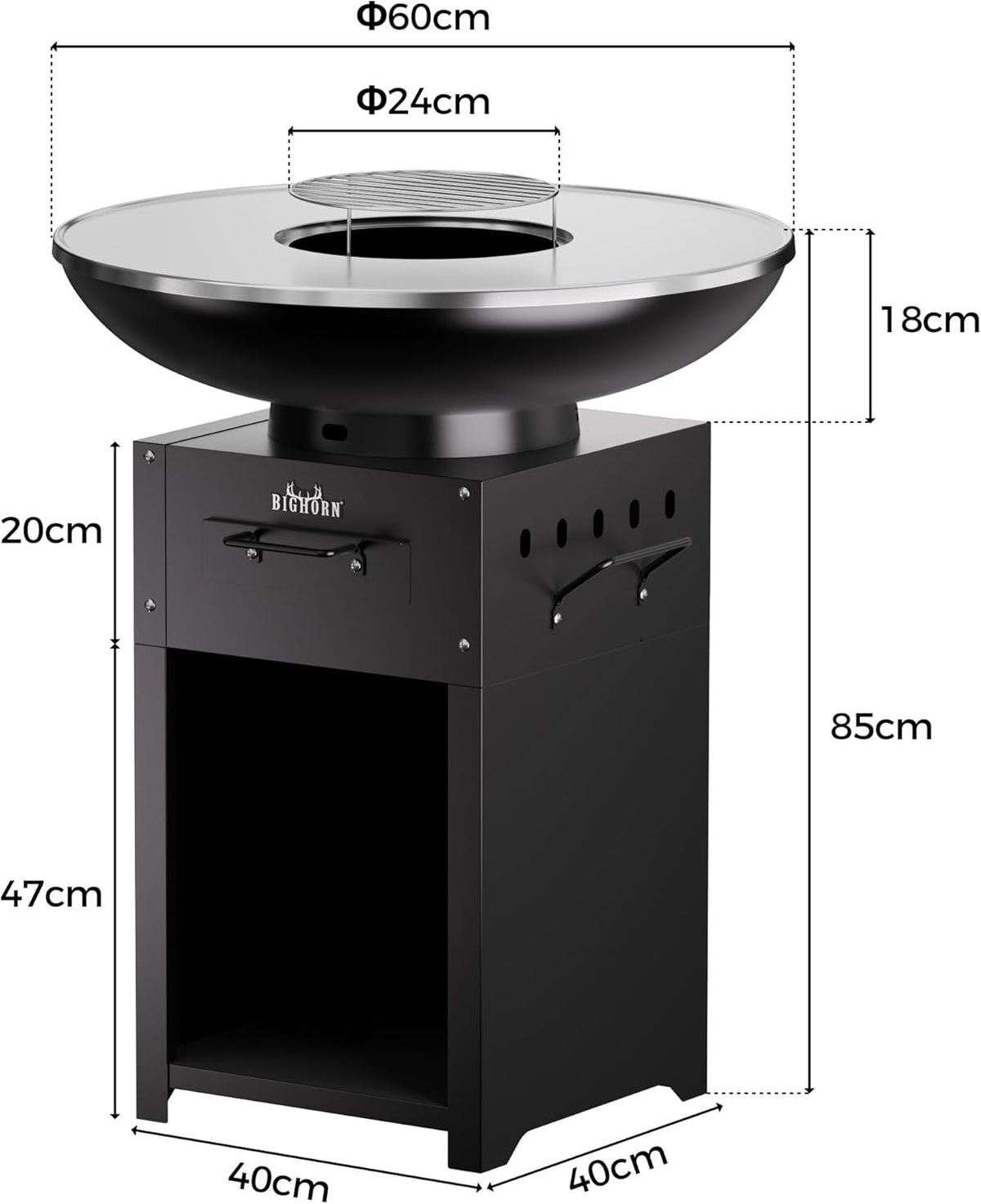Big Horn Outdoors Plancha Grill Fire Bowl with 60 cm Stainless Steel Teppanyaki and BBQ Grill Plate, Outdoor Kitchen for Garden Party, Camping Outdoor Cooking - QUORE