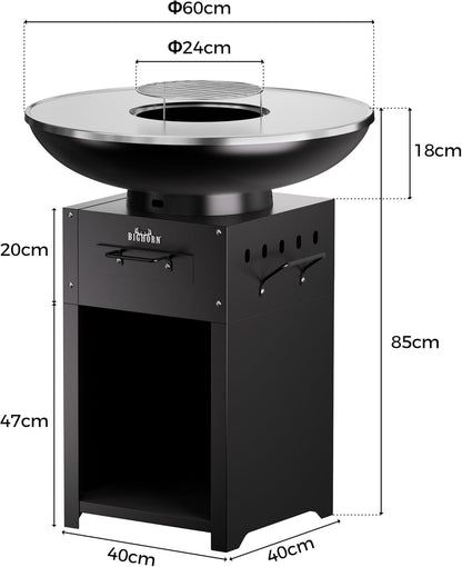 Big Horn Outdoors Plancha Grill Fire Bowl with 60 cm Stainless Steel Teppanyaki and BBQ Grill Plate, Outdoor Kitchen for Garden Party, Camping Outdoor Cooking - QUORE
