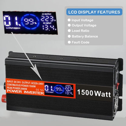 SolaMr 1500W Omvormer DC 24V naar AC 220V/240V met LCD-display en USB-oplaadpoorten Hoogfrequent omvormer voor op het voertuig gemonteerde systemen en kamperen in de wildernis, thuissystemen - 1500W