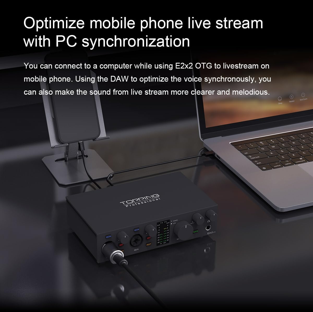 E2x2 OTG, USB-audio-interface met directe smartphone-aansluiting via OTG en SPDIF-uitgangsuitbreiding (wit)