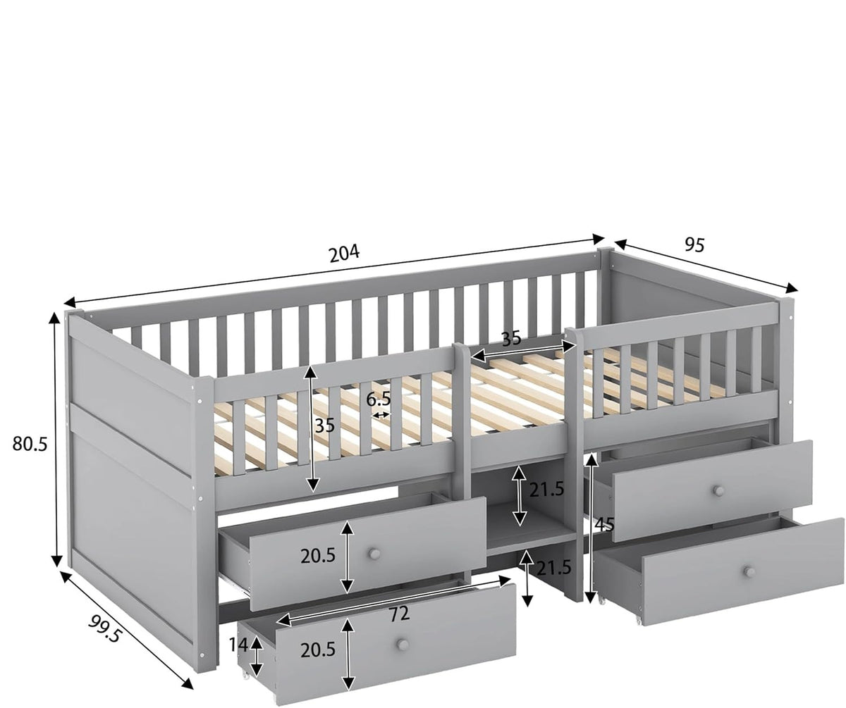 Children's Bed with Drawers, Slatted Frame, Storage and Fall Protection, Teenage Bed, Single Bed, Wooden Pine Bed (Grey, 90 x 200 cm) - QUORE