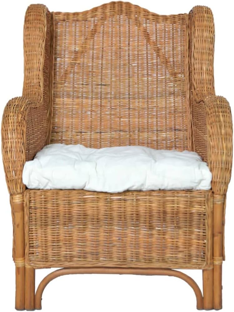 Tuinbank, woonkamermeubels, loungebank, comfortabele bank, fauteuil, stoel met kussen, lichtbruin, natuurlijk rotan en linnen, voor terras, balkon, geschikt voor binnen en buiten - QUORE