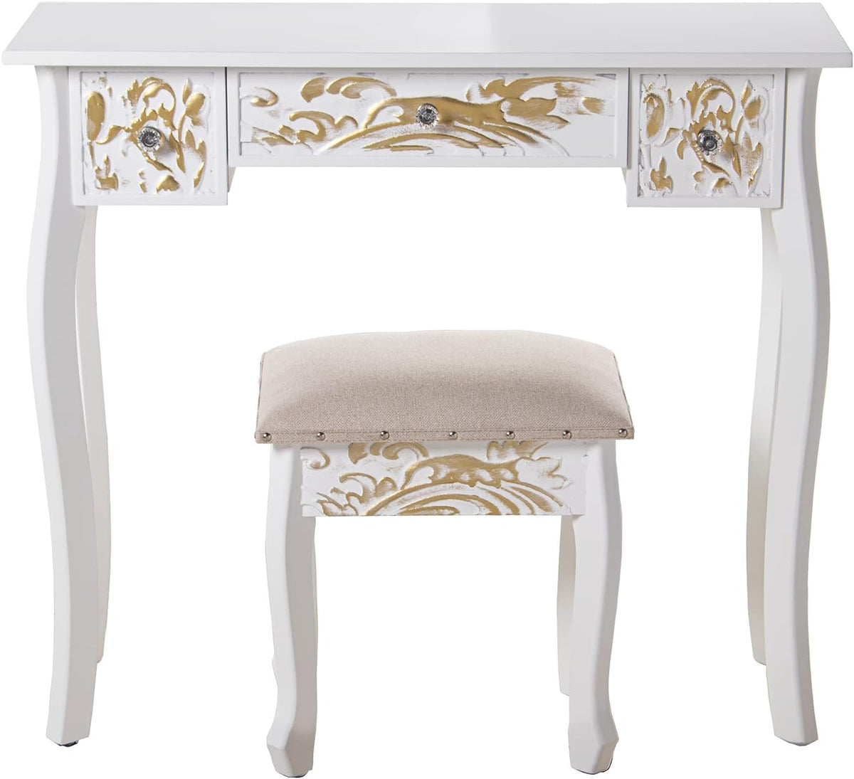 DRW Make-uptafel met 3 laden van bewerkt hout met kruk in wit en goud, 90 x 32,5 x 80 cm en kruk 40 x 34 x 43 cm