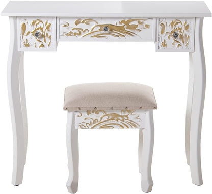 DRW Make-uptafel met 3 laden van bewerkt hout met kruk in wit en goud, 90 x 32,5 x 80 cm en kruk 40 x 34 x 43 cm