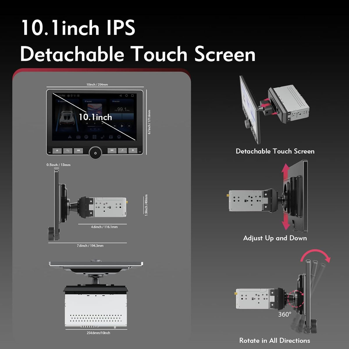 360° Draaibare Autoradio – 1 DIN Autostereo – Carplay Radio – Android Auto Interface – Multimedia Speler – 10,1 Inch IPS Scherm – DSP Geluidsoptimalisatie – Achteruitrijcamera Met Nachtzicht