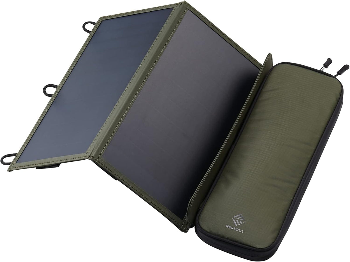 ELECOM NESTOUT Draagbaar zonnepaneel, dubbele USB-A-poorten, 28 W stroomgeneratielader voor telefoon kamperen, duurzaam waterbestendig ripstop nylon, opvouwbaar, lichtgewicht, verstelbare standaards