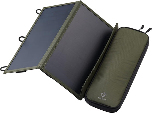 ELECOM NESTOUT Draagbaar zonnepaneel, dubbele USB-A-poorten, 28 W stroomgeneratielader voor telefoon kamperen, duurzaam waterbestendig ripstop nylon, opvouwbaar, lichtgewicht, verstelbare standaards