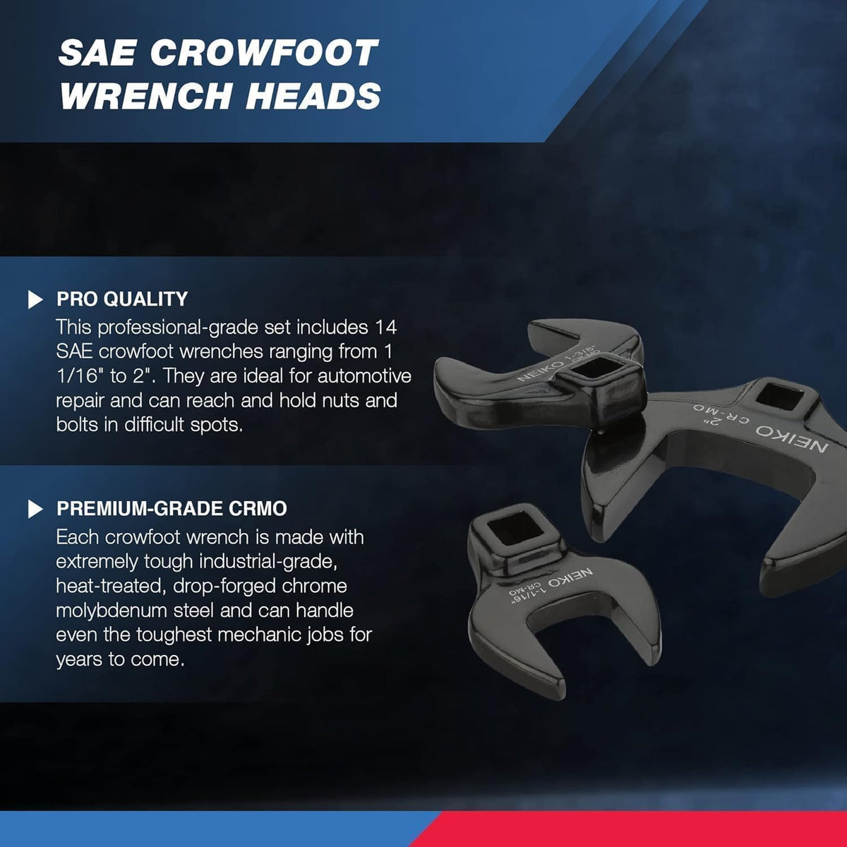 Neiko® 03325 A 1/2 aandrijving Sae Crowfoot-sleutelset, Jumbo grootte, CR-MO, 1-1/40,6 cm - 5,1 cm | 14-delig