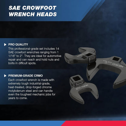 Neiko® 03325 A 1/2 aandrijving Sae Crowfoot-sleutelset, Jumbo grootte, CR-MO, 1-1/40,6 cm - 5,1 cm | 14-delig