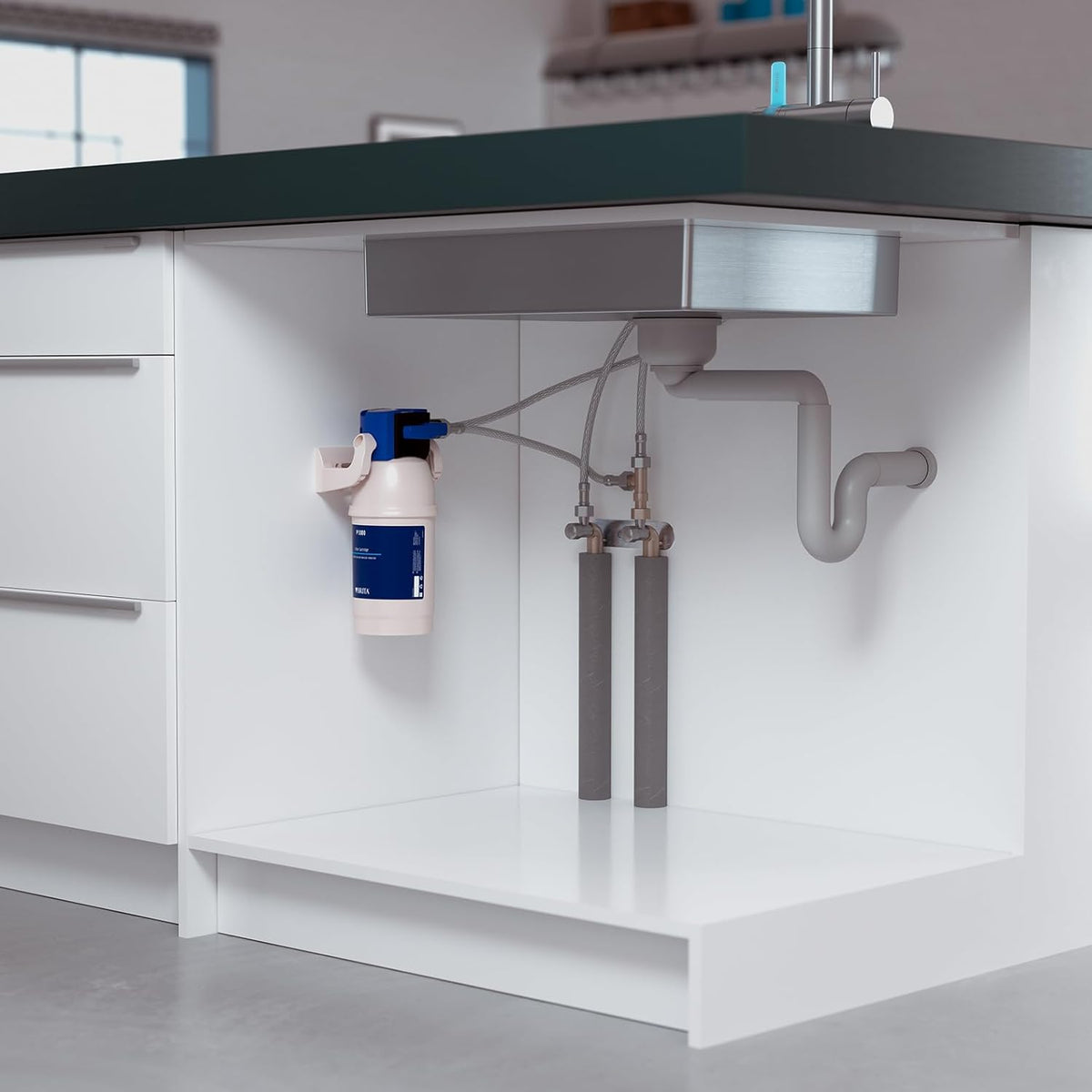 Nieuwe watergroep | ondertafel-waterfilter: BRITA filterkop, BRITA filter P1000, filterwisselindicator (Digiflow-waterklok), flexibele slang, hoekventieladapter