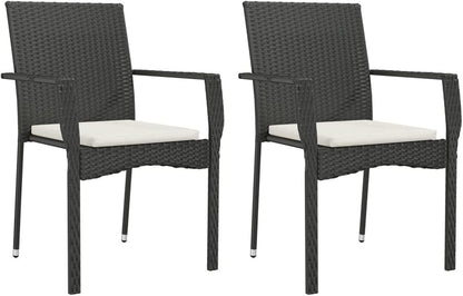 Tidyard Set of 3 Dining Room Garden Poly Rattan Black and Steel Glass Table Set 80 cm and 2 Chairs with Armrests for Outdoor, Table and Chairs for Garden, Patio, Outdoor - QUORE