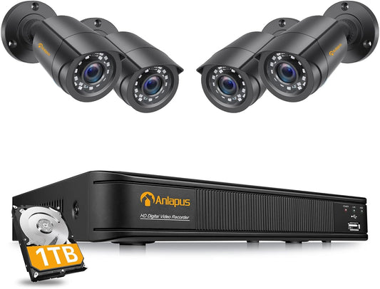 Anlapus 1080P Bewakingscamera Set 4 Buiten Camera met 8CH H.265+ DVR en 1TB HDD, Bewegingsdetectie, 24M IR Nachtzicht
