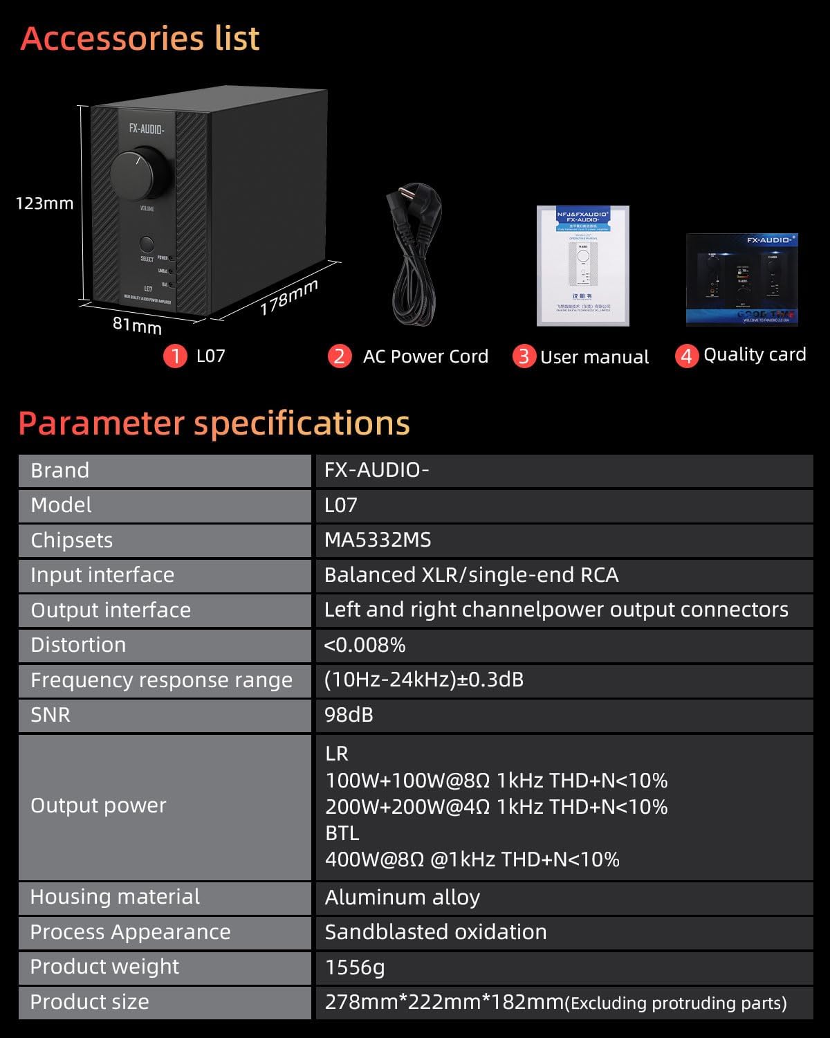 Stereo Versterker – Audioversterker – Eindversterker – Klasse D Versterker – Passieve Speaker Versterker – Volledig Gebalanceerd – 200W+200W, Bridge Modus 400W