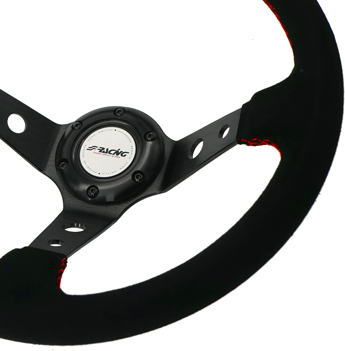 Universeel Sportstuur – Sportief Stuurwiel – Racen Stuur – Auto Stuur – Zwart Suède Stuur – 350mm Diameter – Rode Stiksels