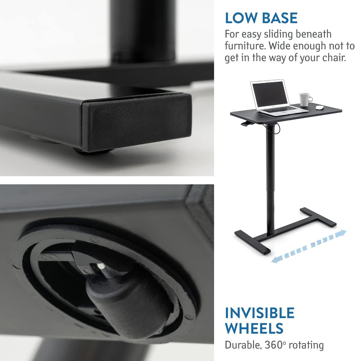Tatkraft Bliss Airlift Pneumatisch Zit-Staand Laptopbureau met Wielen, Verstelbare Hoogte 73,7 – 114,3 cm Moeiteloos Gaslift Regeling, Mobiele Rolbare Laptopstandaard voor Thuiskantoor, Groot