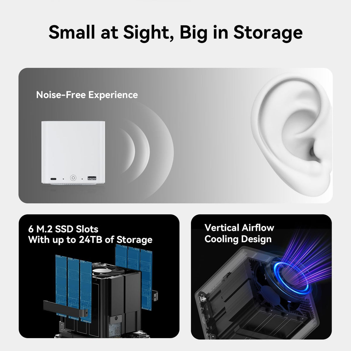 Beelink ME Mini PC, Desktop NAS, Intel Alder Lake N95 (4C/4T, up to 3.4GHz), 12GB LPDDR5, 64GB M.2 SSD, Mini Computer, 6 M.2 SSD Slots, WLAN 6, Bluetooth 5.2, Dual LAN 2.5GHz - QUORE