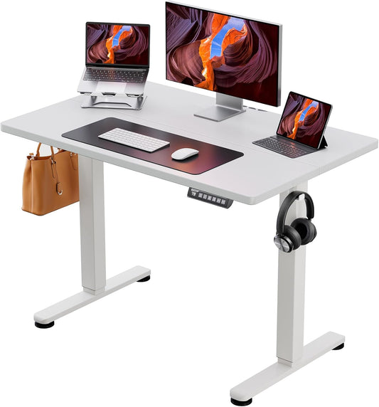ErGear Sta-Bureau, 100 x 60 cm Hoogte Verstelbaar Elektrisch Zit-Sta Bureau Met Splitplank, Rugzakhaak en Slim Paneel Met 4 Geheugenstanden, Thuiskantoor