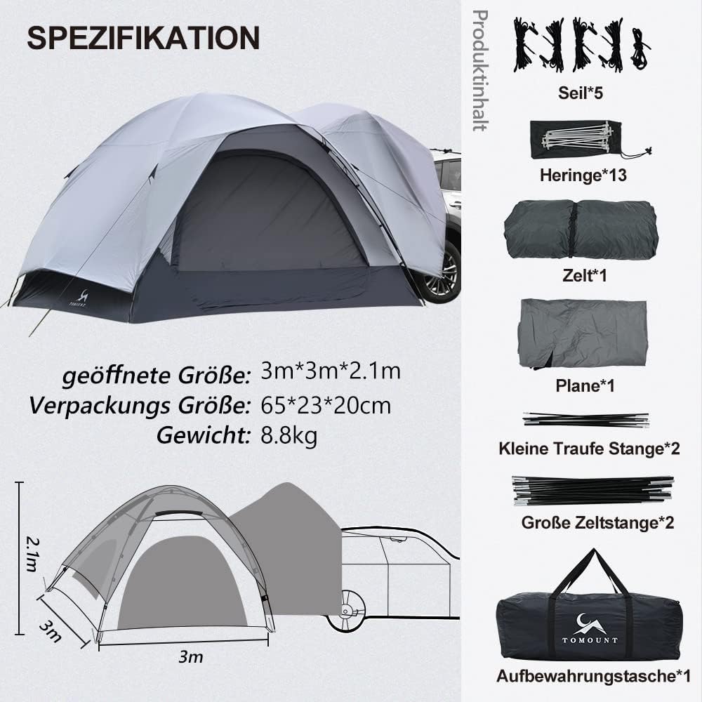 TOMOUNT Achtertent Waterdicht Auto Camping Tent, 3 x 3 x 2,1 m, 4 Personen Familietent Koepeltent voor Trekking, Camping, Outdoor, Hiking