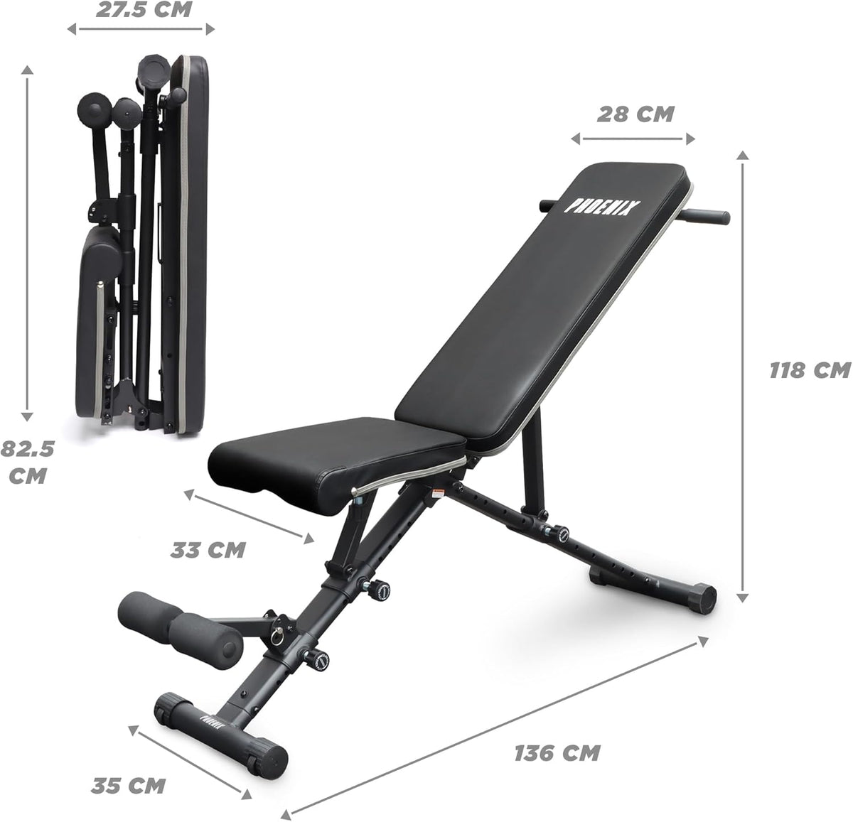 Phoenix Fitness Adjustable Bench - Folding Weight Bench for Full Body Workout - 362kg Strength Training Bench for Home Gym - Utility Slope Decline Flat Bench for Weightlifting - QUORE