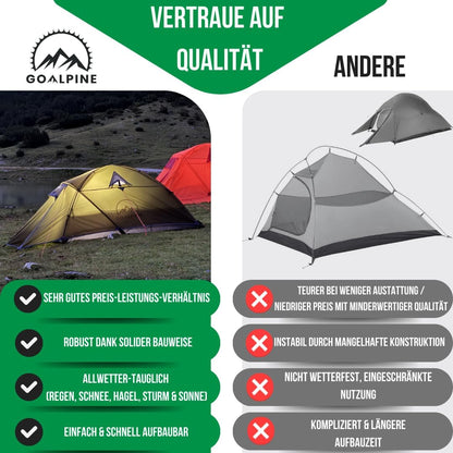 GOALPINE® ESKAPADE II Tent voor 2 grote personen, waterdicht, 4000 mm, kleine verpakkingsmaat, voor wandelen, bergtochten en bikepacking, ultralicht, 3 seizoenen, snelle opbouw