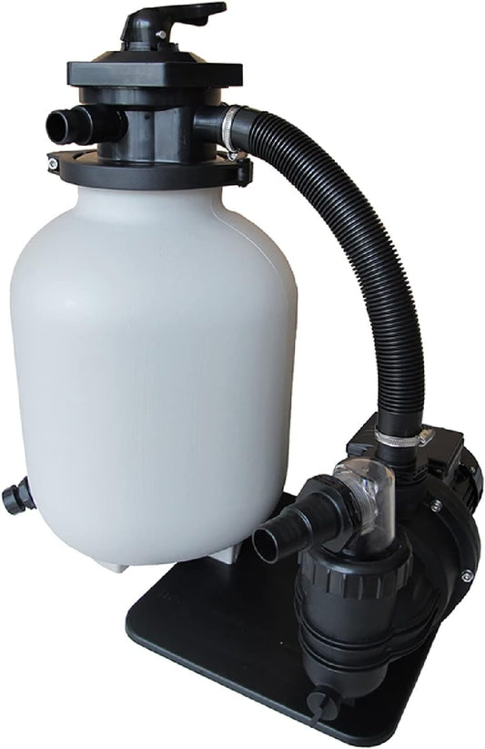 AquaForte Zandfilterset SQ-300, filtercapaciteit 19 l, filtermateriaal 20 kg (zand), maximale doorstroming 7,5 m3 per uur, 250 watt, maximale bekkengrootte 24,5 m3, uitgerust met 6-wegventiel bovenaan