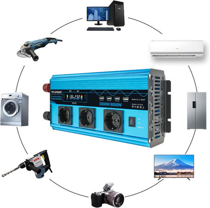 Yinleader Inverter 3000 W spanningsomvormer pure sinus 12 V 230 V met 3 Europese stopcontacten en 4 USB-poorten LCD spanningsweergave