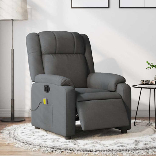 Elektrische relaxstoel met 6-punts massage, donkergrijze stof, trillingsfunctie en USB-bediening, stabiele structuur van hout en metaal, zijzak