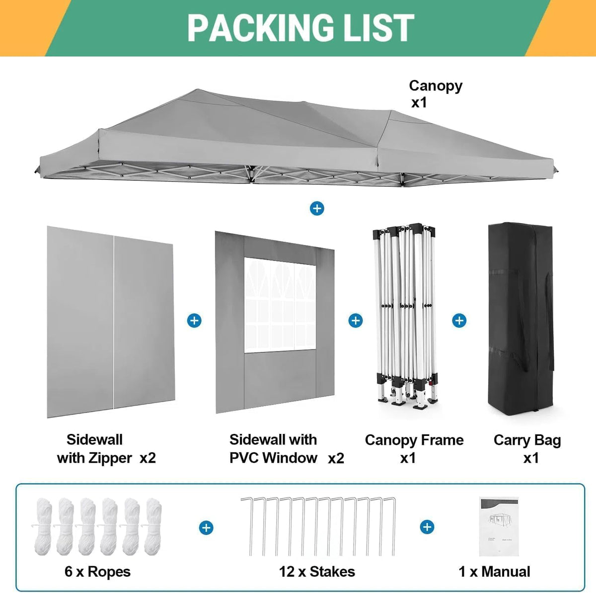 COBIZI Vouwpaviljoen, 3 x 6 m, waterdicht, stabiel, outdoor partytent, 3 x 6 m, met 6 zijwanden, anti-uv tuinpaviljoen, pop-up campingpaviljoen, voor bruiloften, buiten, tuin, feest, markt, grijs