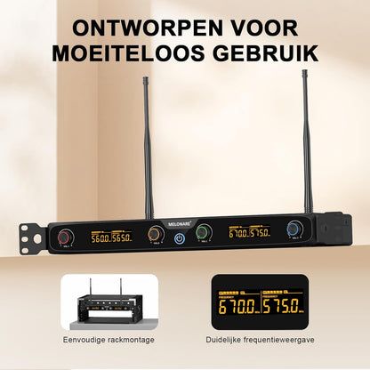 4-Kanaals Draadloos Microfoonsysteem, UHF Rackmount met 4x 10 Frequenties, 260ft Bereik, Dynamisch Handmicrofoon voor Zingen, Karaoke, Kerk, DJ, Feest (MWM-41F)