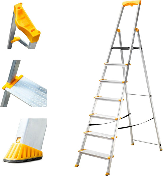 HOSTROM Ladder met 7 treden van aluminium, veilige opvouwbare ladder, gereedschapshouder, extra brede treden 12 cm, voor thuisgebruik en pro