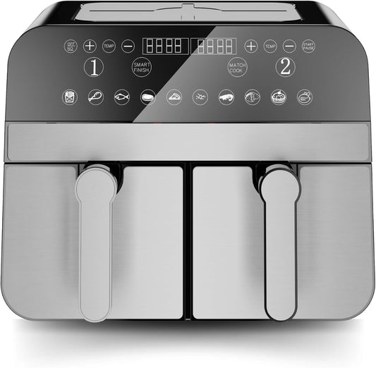 Comfy Nest, CNAFD45NS Heteluchtfriteuse, digitale dubbele mand, 2400 W, 9 l, van roestvrij staal, gezond en snel koken, ideaal voor je familiemaaltijden, 9 l, zilver