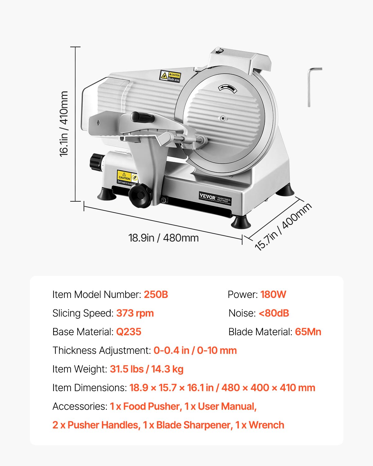 VEVOR Commerciële vleessnijder, 180 W, elektrische vleeswarensnijder, met hoogwaardig lemmet van 65 Mn, instelbare dikte 0-10 mm, voor vlees, hardbrood, kaas