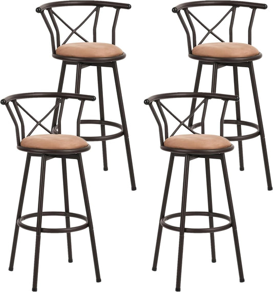 MEUBLE COSY Barkrukken, set van 4 barstoelen vintage, 360 graden draaibaar met rugleuning en voetensteun, zitting 77cm hoog, industriële stijl, bruin, 56x40x99,5cm