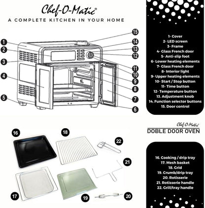 CHEF -O- MATIC Doble Door - dubbele deur friteuse en oven, 28 L,18 programma's, 1700 W, binnengrill, broodrooster, draaispies, voedseldrager, LCD-scherm