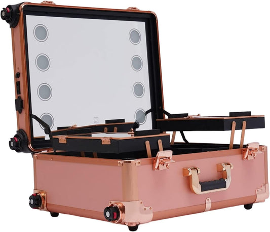 Cosmetic Suitcase, Trolley, Makeup Case, Beauty with Mirror, Easy to Clean, Extendable Shelves, Professional Champagne Glass, Retro Upcase - QUORE