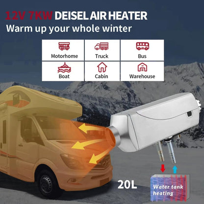 12V Staande Dieselverwarming – Diesel Luchtverwarmer – Waterverwarmer – Camperverwarmer – Motorvoorverwarmer – 7 kW Vermogen – 6 Gallon Watertank – LCD Display Met Afstandsbediening – 4 Waterverwarmingsmodi – Snelle Opwarming