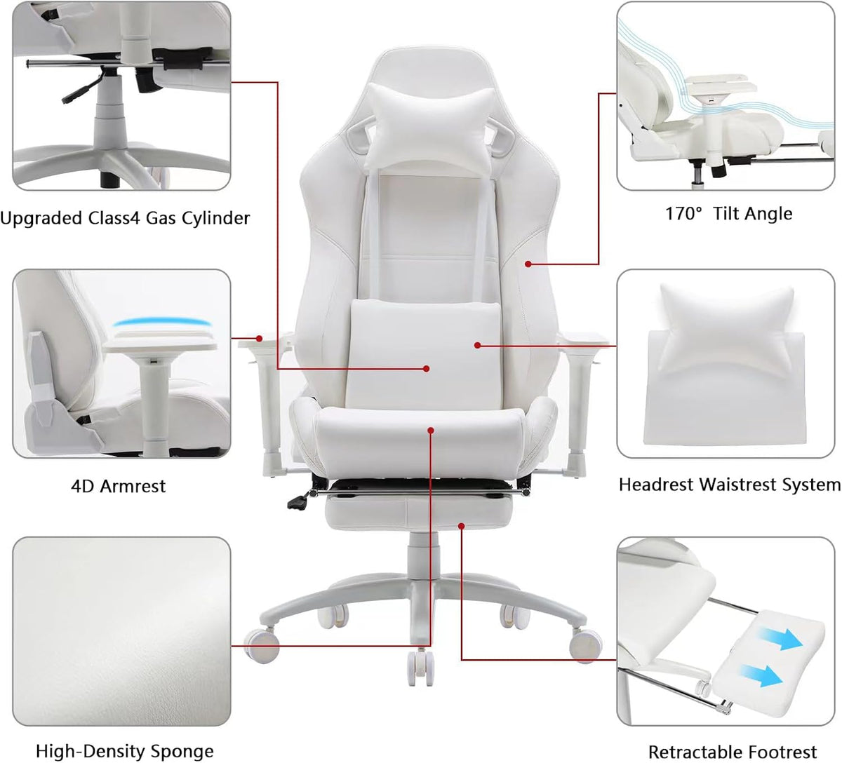 Gamingstoel, Bureaustoelen voor thuis, Ergonomische bureaustoel met voetensteun en lendensteun, Gamingstoelen voor volwassenen, Verstelbare bureaustoel met 360°- draaibare zitting voor mannen en