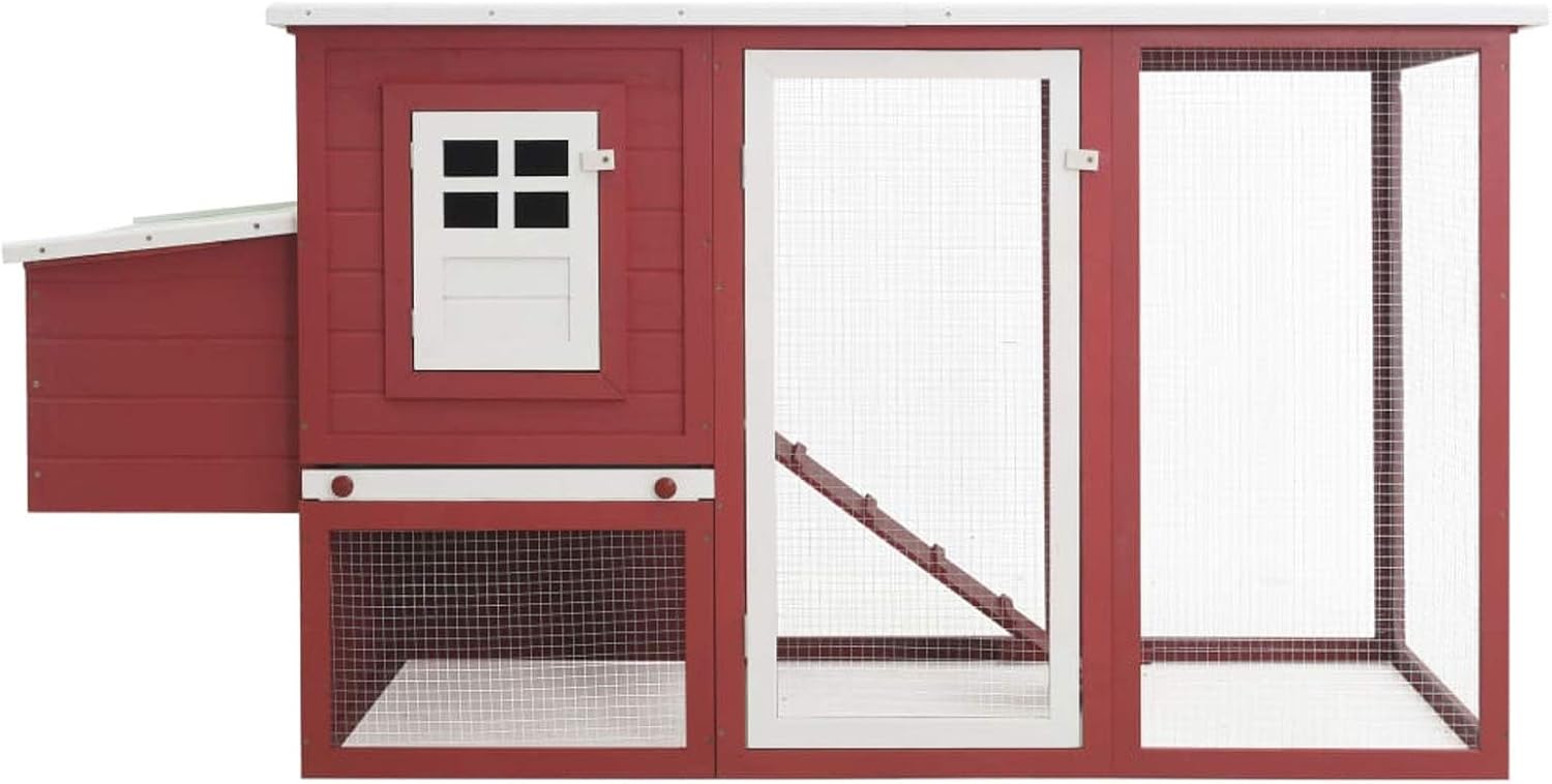 Tidyard Outdoor Chicken Coop with 1 Nesting Box, Chicken Cage, Wood, Egg Cage, Red, 202 x 75 x 98 cm - QUORE