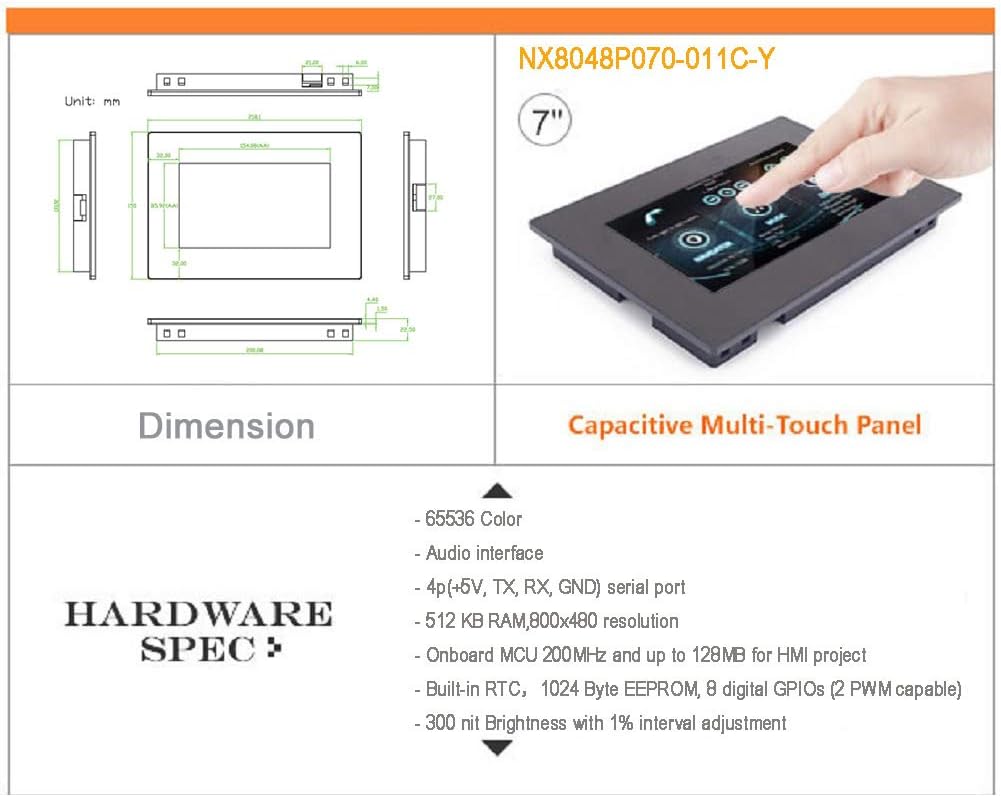 Nextion Intelligent 7 inch HMI Display 5V capacitief touchscreen 800 x 480 TFT-LCD met behuizing voor Arduino ESP32 (NX8048P070-011C-Y)