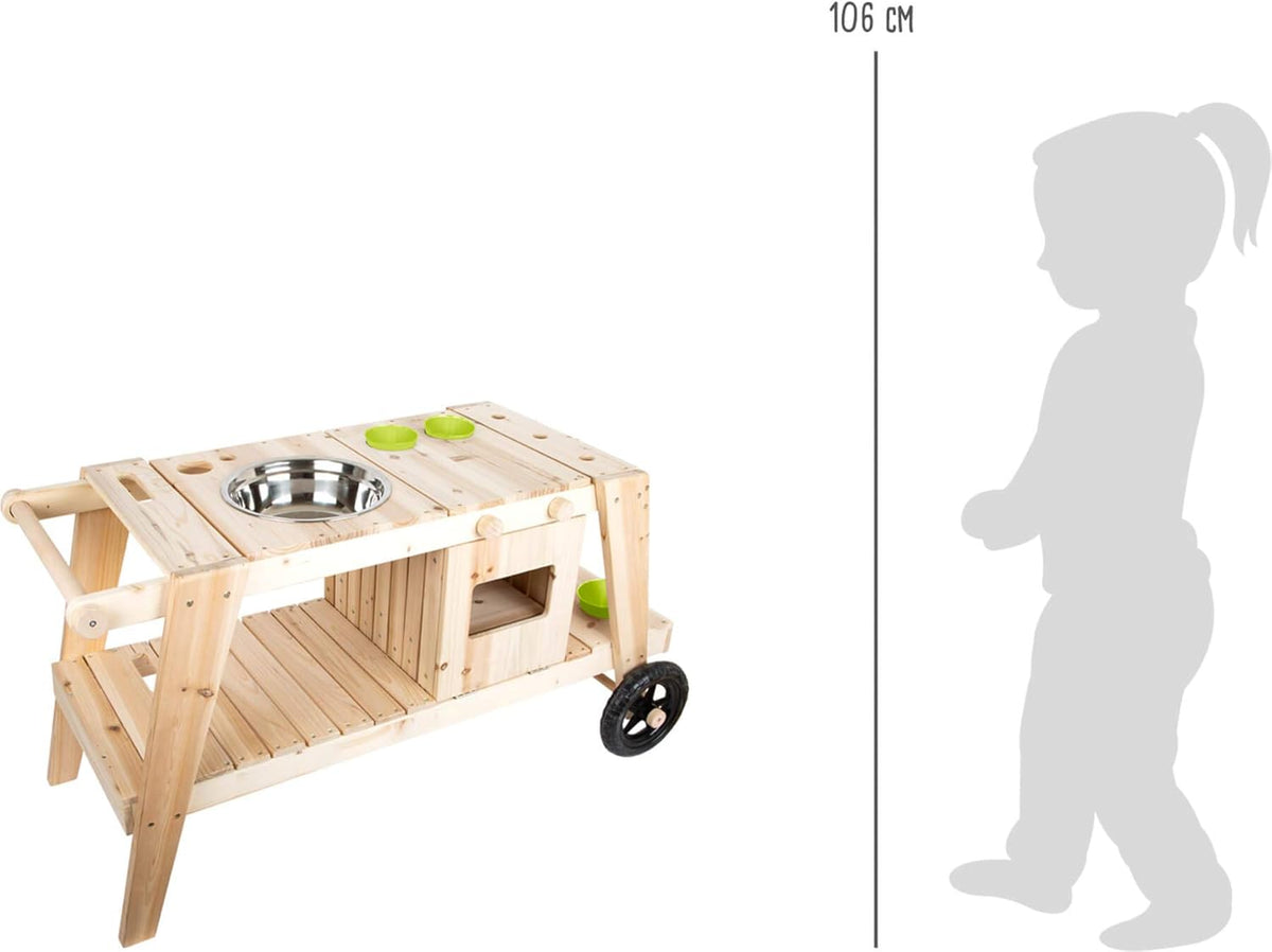 Small Foot 11665 modder van massief en weerbestendig hout voor kinderen vanaf 3 jaar, buiten keuken met accessoires en wielen speelgoed