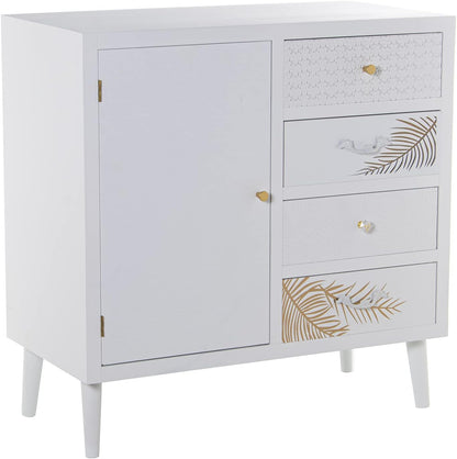 DRW Dressoir met 1 deur en 4 laden van hout met reliëf lemmet in wit en goud 80 x 40 x 80 cm