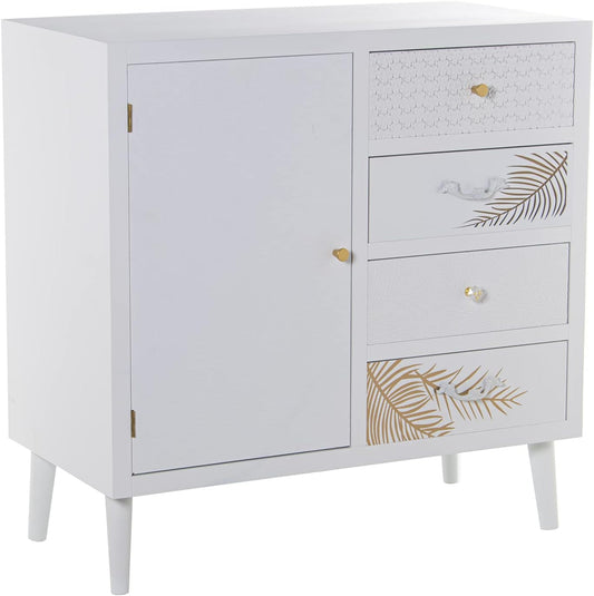 DRW Dressoir met 1 deur en 4 laden van hout met reliëf lemmet in wit en goud 80 x 40 x 80 cm