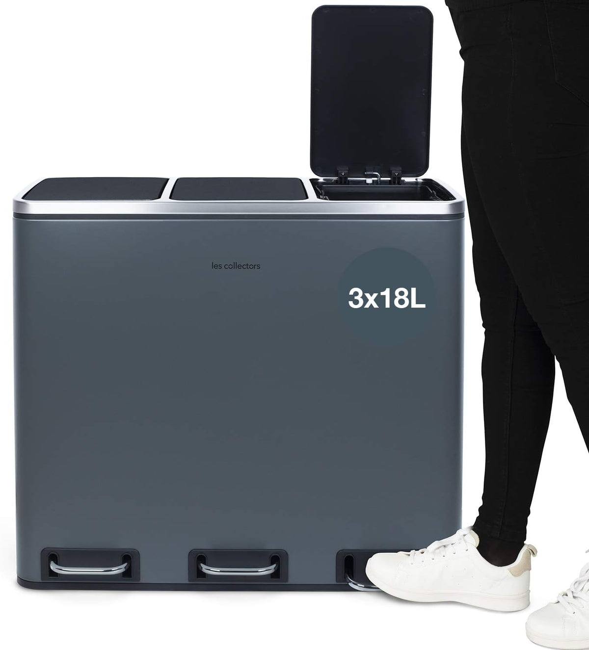 Les Collectors Stainless Steel Sorting Trash N°984, Dark Grey, Capacity 60 L, Resistant, Kitchen, 2 Removable Inner Buckets, Recycling, Waste Selective Sorting, Soft-Close Lid