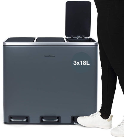 Les Collectors Stainless Steel Sorting Trash N°984, Dark Grey, Capacity 60 L, Resistant, Kitchen, 2 Removable Inner Buckets, Recycling, Waste Selective Sorting, Soft-Close Lid